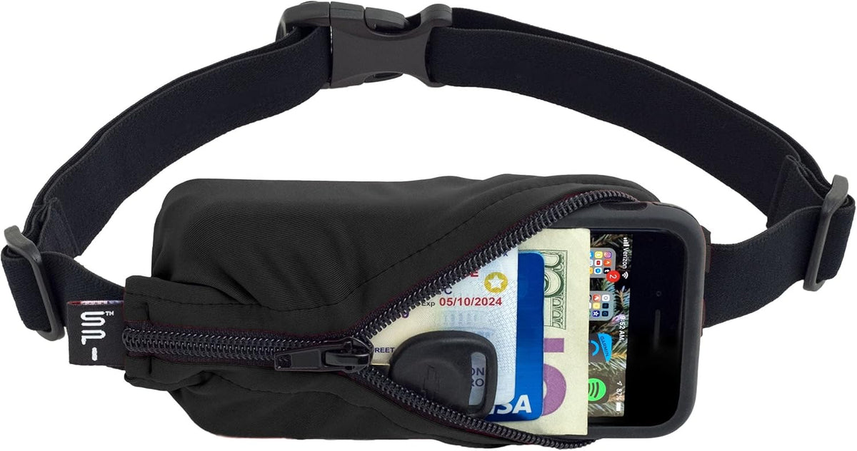 SPIbelt Running Belt for Women Men, Phone Holder for Running, Running Fanny Pack, Holder for Phone, Running Waist Pack, Adjustable Waist, [Fits All Phones]. No Logo Band, Black with Black Zipper