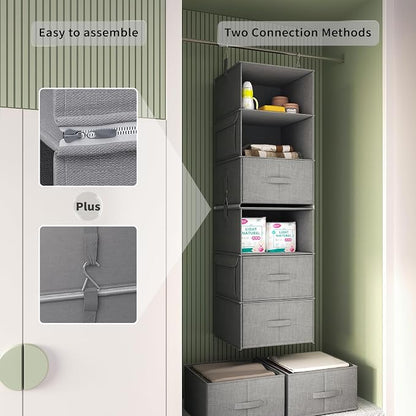 Vailando 6-Tier Hanging Shelves for Closet, Two 3-Shelf Hanging Closet Organizer w/ 4 Side Pockets and 3 Drawers, Combinable for Dorm Wardrobe Organizer and RV Storage and Organization