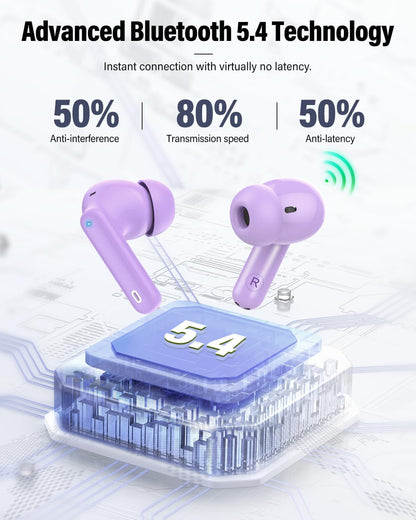 Wireless Earbuds, Bluetooth 5.4 Headphones Bass Stereo, Ear Buds with Noise Cancelling Mic, IP7 Waterproof in Ear Earphones, 36H LED Display Bluetooth Earbuds for Laptop Pad Phones Sports, Purple