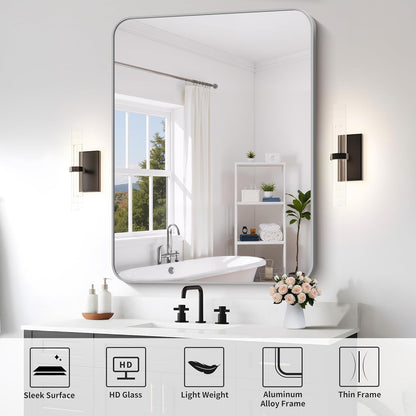 FORBATH 40x48 Inch Silver Bathroom Mirror for Over Sink, Large Rectangular Wall Mirror with Metal Frame, Rounded Corners for Bathroom, Bedroom, Entryway Decor (Horizontal or Vertical)