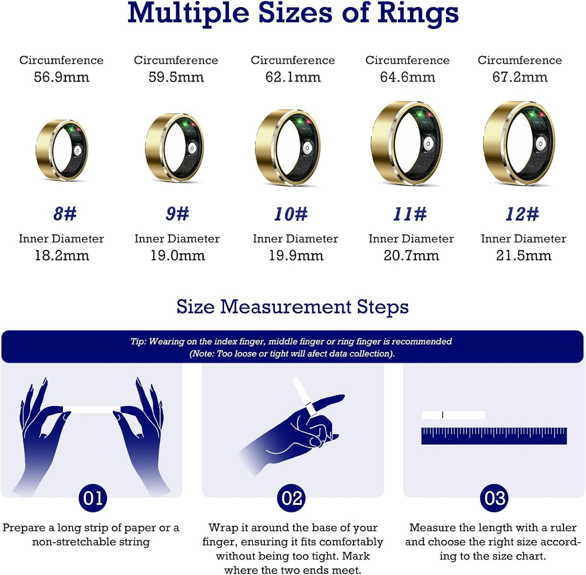 Smart Ring Health Tracker, Sleep Tracker Ring with Heart Rate, Waterproof Fitness Ring for Activity Monitoring/Steps/Distance/Calories,Air Gestures,Up to 7-Day Battery,for iOS Android (Light Gold,#10)