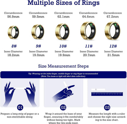 Smart Ring Health Tracker, Sleep Tracker Ring with Heart Rate, Waterproof Fitness Ring for Activity Monitoring/Steps/Distance/Calories,Air Gestures,Up to 7-Day Battery,for iOS Android (Light Gold,#10)