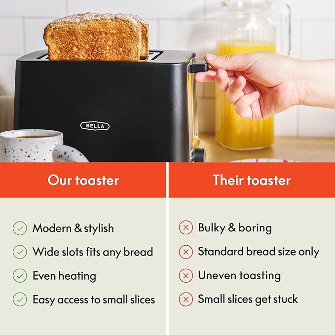 bella 2 Slice Toaster with Auto Shut Off, Extra Wide Slots & Removable Crumb Tray and Cancel, Defrost & Reheat Function, Toast Bread, Bagel & Waffle, Black