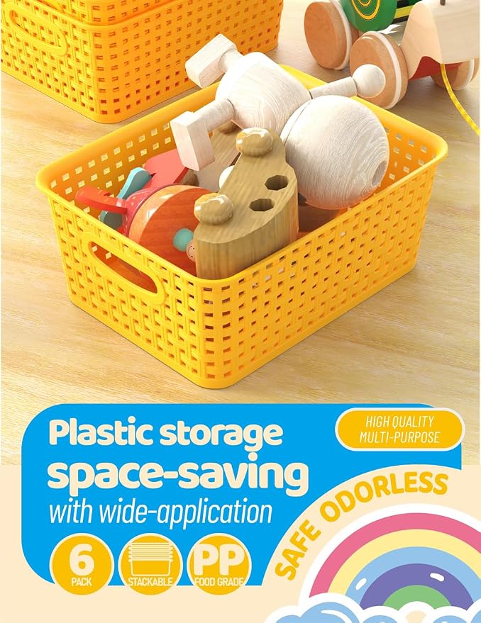 WYT 6-Pack Plastic Small Shelf Storage Weave Baskets Organizing for Cabinets and Pantries, Yellow