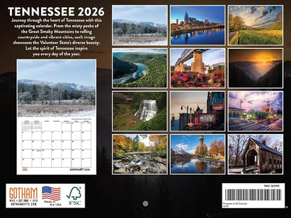 Tennessee Calendar 2026 Wall 12 Month Monthly TN Scenic Souvenirs Tennessean Themed Gifts | American Made In The USA