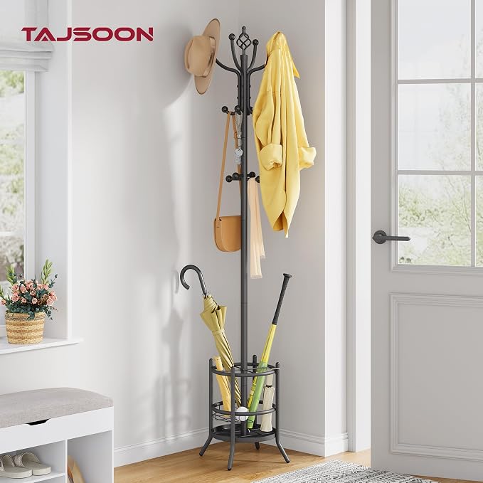 Tajsoon Coat Rack with Umbrella Holder, Coat Tree Freestanding, Coat Rack Stand with 16 Hooks, Coat Stand for Living Room, Bedroom, Office, Grey