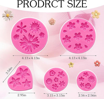 5 Pcs Flower Fondant Molds Flower Rose Daisy Silicone Chocolate Mold for Candy Fondant Polymer Clay Soap Ice Cube Crafting and Cake Cupcake Decoration