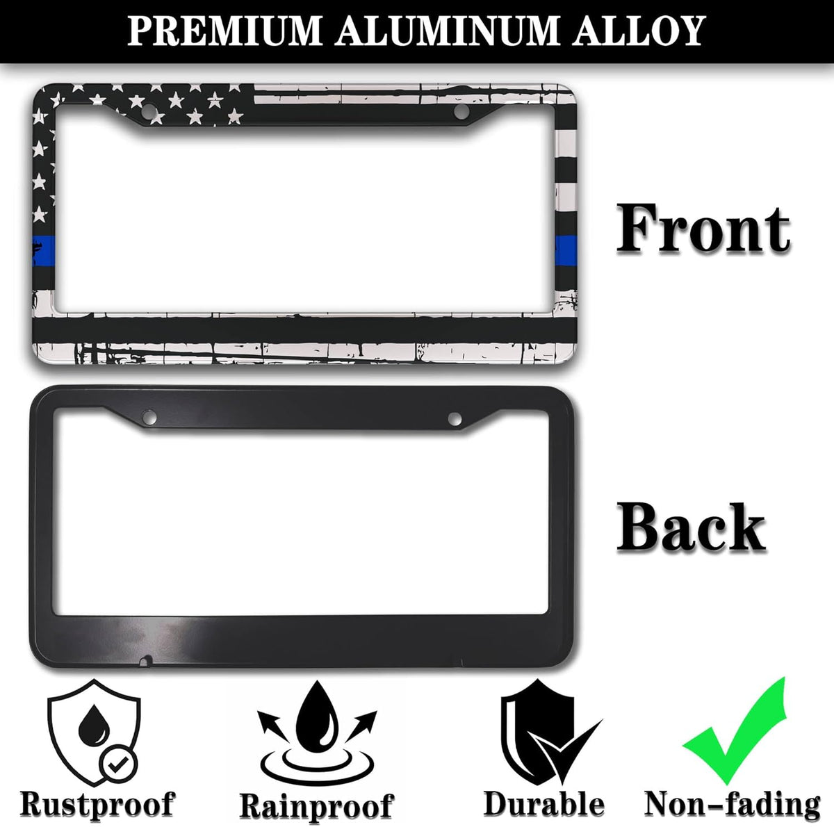 License Plate Frames Black, White, and Blue License Plate Frame American Flag USA Flags Universal Aluminum Car Accessory 2 Pack with Screw Covers Set