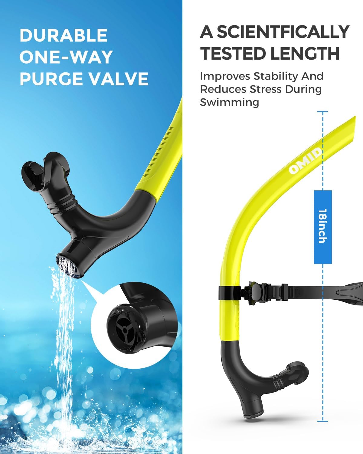 OMID SN1 Snorkel for Adult Youth, Diving Snorkel with One-Way Purge Valve, Food-Grade Silicone Mouthpiece