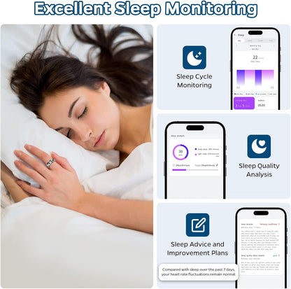 Smart Ring Health Tracker, Sleep Tracker Ring with Heart Rate, Waterproof Fitness Ring for Activity Monitoring/Steps/Distance/Calories,Air Gestures,Up to 7Day Battery,for iOS Android(Stylish Silver#9)
