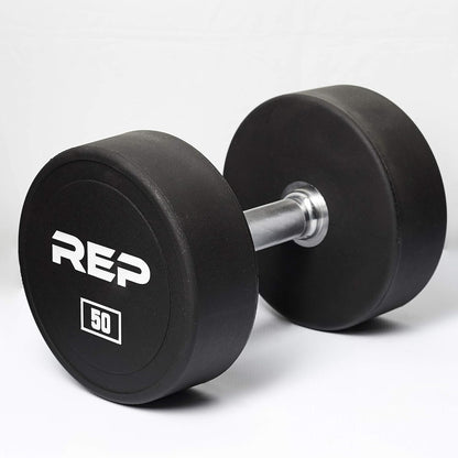 REP Fitness Urethane Coated Round Dumbbells, 5 to 100 lbs, Singles or Pairs, With or Without Rack, Steel Core, Rubber Encased, Chrome Handles, Professional Weights for Home Gym Strength Training