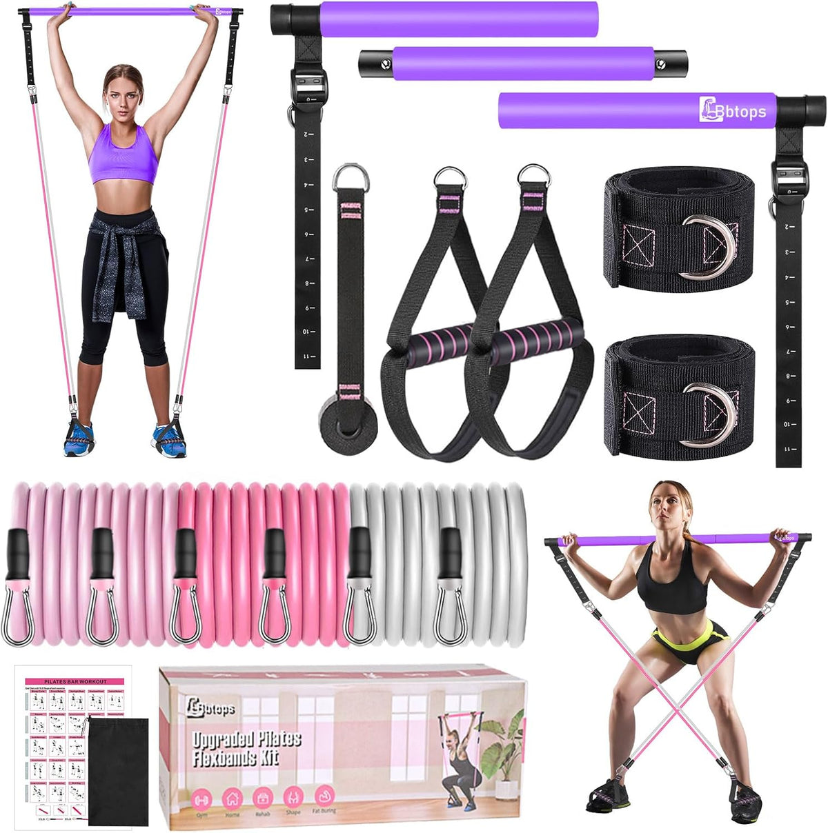 Pilates Bar Kit with Resistance Bands,Pilates Bar with Stackable Bands Workout Equipment for Legs,Hip,Waist and Arm,Exercise Fitness Equipment for Women & Men Home Gym Yoga Pilates