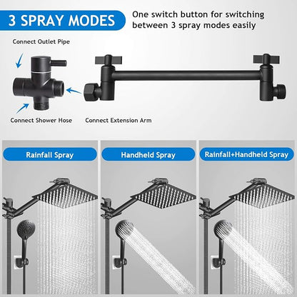 Shower Head Combo, 8 Inch High Pressure Rain with 11 Inch Adjustable Extension Arm and 5 Settings Handheld, Powerful Spray Against Low Water Pressure- Matte Black