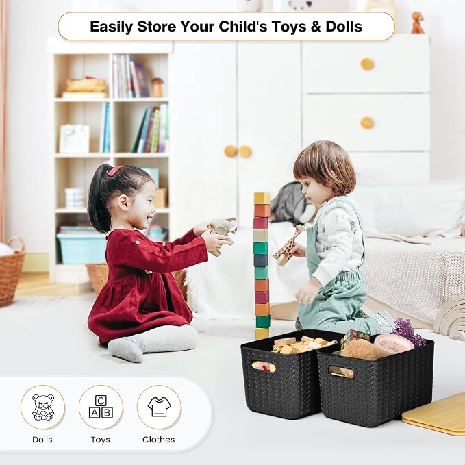 Ohmlove 4 Packs Storage Bins with Bamboo Lids - Plastic Storage Containers with Lids Stackable Storage Box: Storages Baskets for Organizing Desktop Closet Playroom Classroom Office, Black