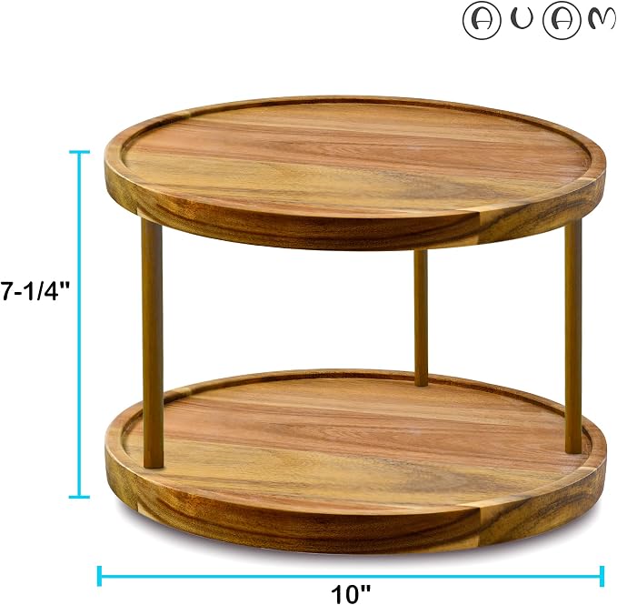10" Two-Tier Acacia Wood Lazy Susan Organizer Kitchen Turntable for Cabinet Pantry Table Organization
