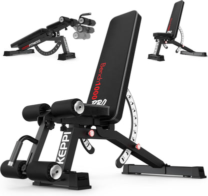 Keppi 1200LB Weight Bench, Heavy Duty Bench1000 PRO Adjustable Workout Bench Press Set for Home Gym Strength Training, Removable Foot Catch for Incline Flat Decline Sit Up Bench for Full Body Fitness