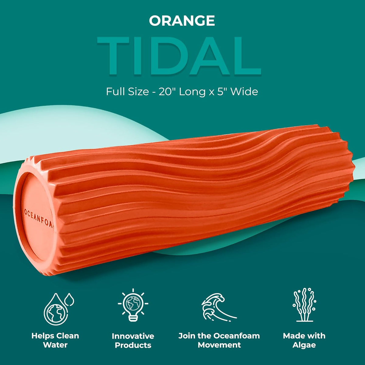 Oceanfoam Tidal Roller - Orange - Muscle Massage Foam Roller for Back Pain & Stretching - Firm and Ergonomic Wide Wave Textured - Yoga, Athletics, & Wellness - Full Size, 20" x 5"