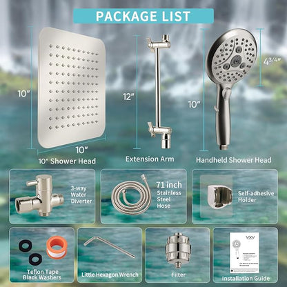 10'' Dual 20 Stage Filtered Shower Head with Handheld, 6 Spray Settings Handheld Shower Head High Pressure Rainfall Filter Combo with 12'' Adjustable Extension Arm, 71'' Shower Hose (Brushed Nickel)