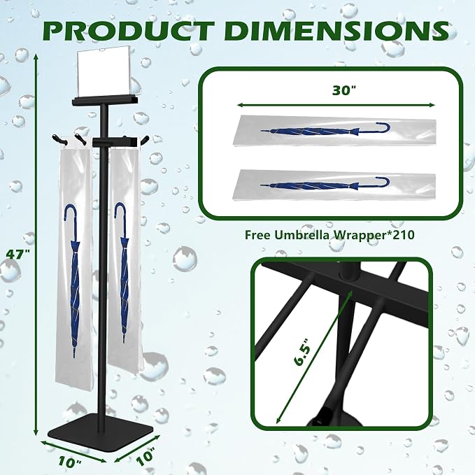 Umbrella Bag Stand, Umbrella Holder Stand with Free 200 Disposable Large Plastic Umbrella Bags, Wet Umbrella Bags Stand