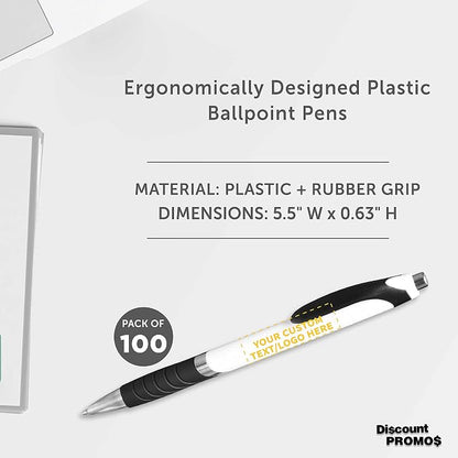 DISCOUNT PROMOS Ballpoint Pens With Rubber Grip - 100 pack - Customizable Text, Logo - Black Ink Ball Point Pen with Soft Touch Plastic - White