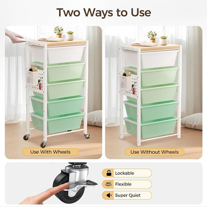 Rolling Cart with 4 Drawers, Plastic Drawer Storage Carts with Wheels & Wooden Tabletop, Metal Utility Cart with Pegboards, Office Living Room Classroom Craft Organization and Storage, Bright Green