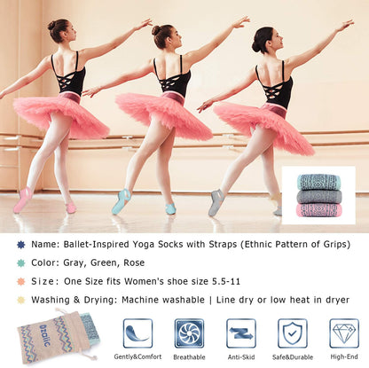Ozaiic Yoga Socks for Women Non-Slip Grips & Straps, Ideal for Pilates, Pure Barre, Ballet, Dance, Barefoot Workout