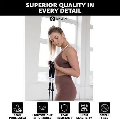 Dr. Aid Resistance Bands Set – 5 Stackable Workout Bands with Handles, Pure Latex, High Elasticity & Tear Resistant – Smell-Free Full-Body Exercise Bands for Rehab, Basic Training & Strength Workouts