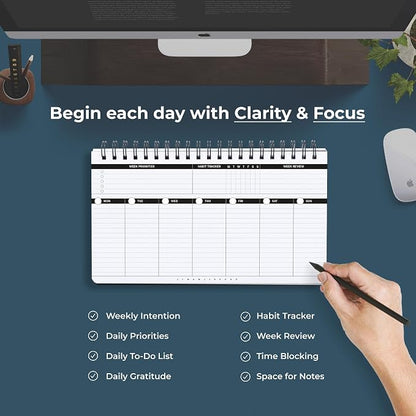 Undated Weekly Planner 2026 | Daily Agenda To Do List Notepad Day Planner Notebook | Monthly School Task, Work Schedule Planners | Yearly Horizontal Calendar Spiral Desk Organizer | Ver 1