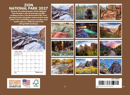Zion National Park Calendar 2027 Utah Monthly Wall Calender 12 Month | American Made In The USA