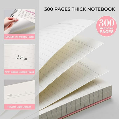 AHGXG Spiral Notebook College Ruled - Spiral Journal Perforated Notebook A4 8.5" x 11", 300 Pages Easy Tear Perforated Pages, 100GSM Thick Paper, Plastic Hardcover, for Writing Work School, Pink