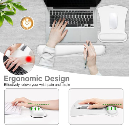 MOSISO Wrist Rest Support for Mouse Pad & Keyboard Set, Ergonomic Mousepad Non-Slip Base Home/Office Pain Relief & Easy Typing Cushion with Neoprene Cloth & Raised Memory Foam, White