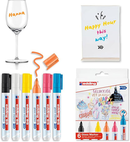 edding 95 Glass Marker - Multi-Colored - 6 Glass pens - Round Nib 1.5-3 mm - Washable Window Marker Pen - for Writing and Marking on Glass Surfaces, Windows, glassboards, whiteboards - Dry-wipeable