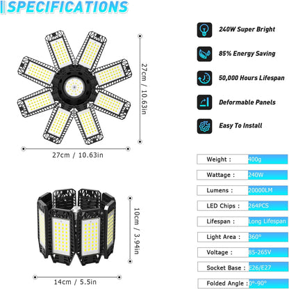 Garage Light - 240W 24000LM 6500K Garage Lights Ceiling LED with 8+1 Deformable Panels, E26/E27 Screw Socket in LED Shop Light for Workshop, Basement, Gym, Barn, Warehouse etc Bay Lighting