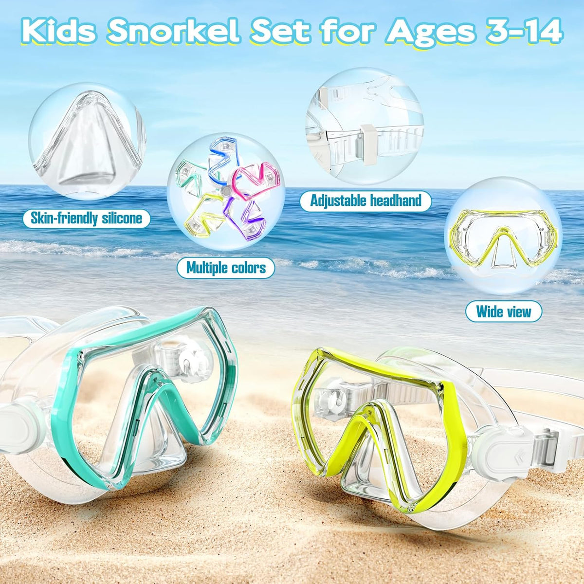 Snorkeling Gear for Kids, Kids Snorkel Set for Ages 3-14, Anti-Fog Diving Mask and Dry Top Snorkel Combo Set, Unisex Swimming Goggles