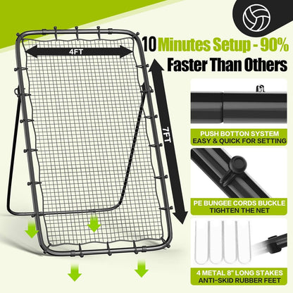 Volleyball Rebounder Net 7x4 Ft, 5-Angle Adjustable Rebounder Net for Practicing Digging, Setting, Spiking, Bounce Back Training Equipment with 2 Target Stripes & Portable Travel Bag for Storage