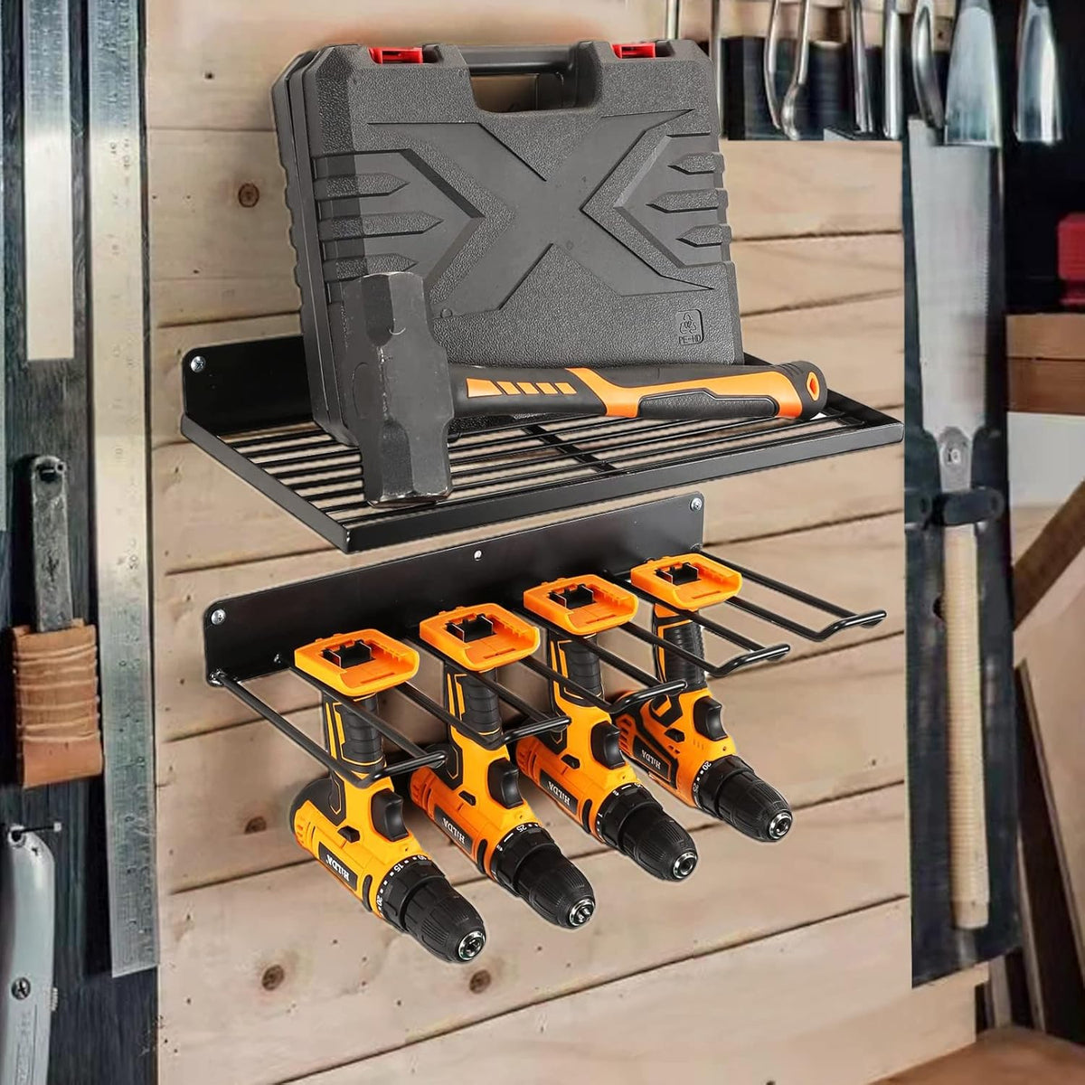 Power Tool Organizer with Charging Station,Drill Holder Wall Mount,Garage Storage Shelves for Organization and Storage,Heavy Duty Pegboard Wall Organizer Set Solid Metal Black