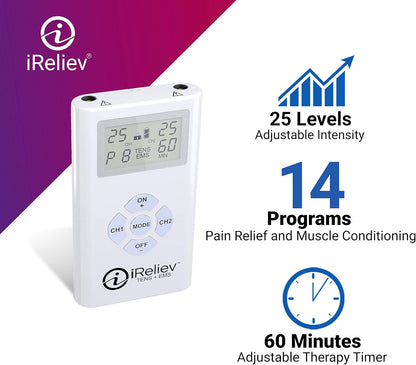 iReliev TENS + EMS Combination Unit Muscle Stimulator for Pain Relief & Arthritis & Muscle Strength with Backlit Display