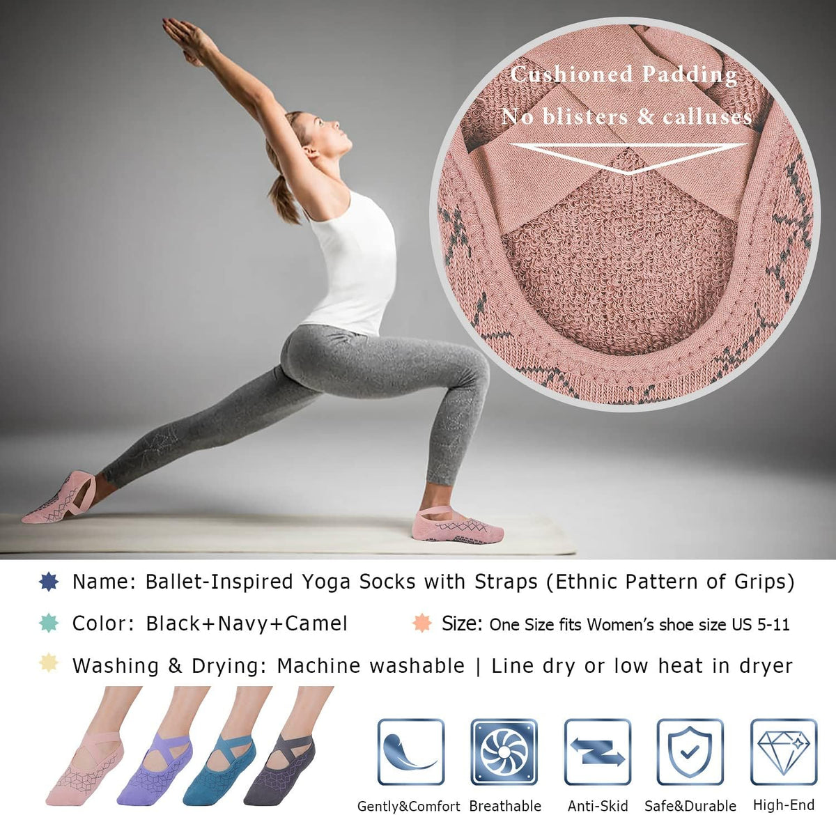 Ozaiic Yoga Socks for Women Non-Slip Grips & Straps, Ideal for Pilates, Pure Barre, Ballet, Dance, Barefoot Workout