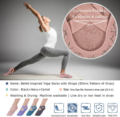 Ozaiic Yoga Socks for Women Non-Slip Grips & Straps, Ideal for Pilates, Pure Barre, Ballet, Dance, Barefoot Workout