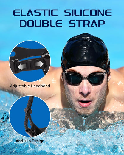 Swim Goggles, Goggles Adult with Swimming Cap, Nose Clip & Ear Plugs, UV Protection Anti-Fog Lens and Case for Adult