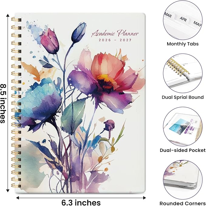 Planner 2026-2027, Academic Year Monthly & Weekly Planner Caledndar, July 2026 - June 2027, Hardcover Large Planning Agenda Book with Tabs for School Office Supplies, 6.3" x 8.5" - Painted Bloom
