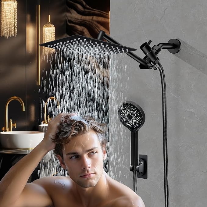 Shower Head,10”Rain Shower Head with Handheld Spray Combo with 11'' Angle Adjustable Extension Arm/Flow Regulator/Shower System,High Pressure Rainfall Shower Head Clean Bathroom,Matt Black