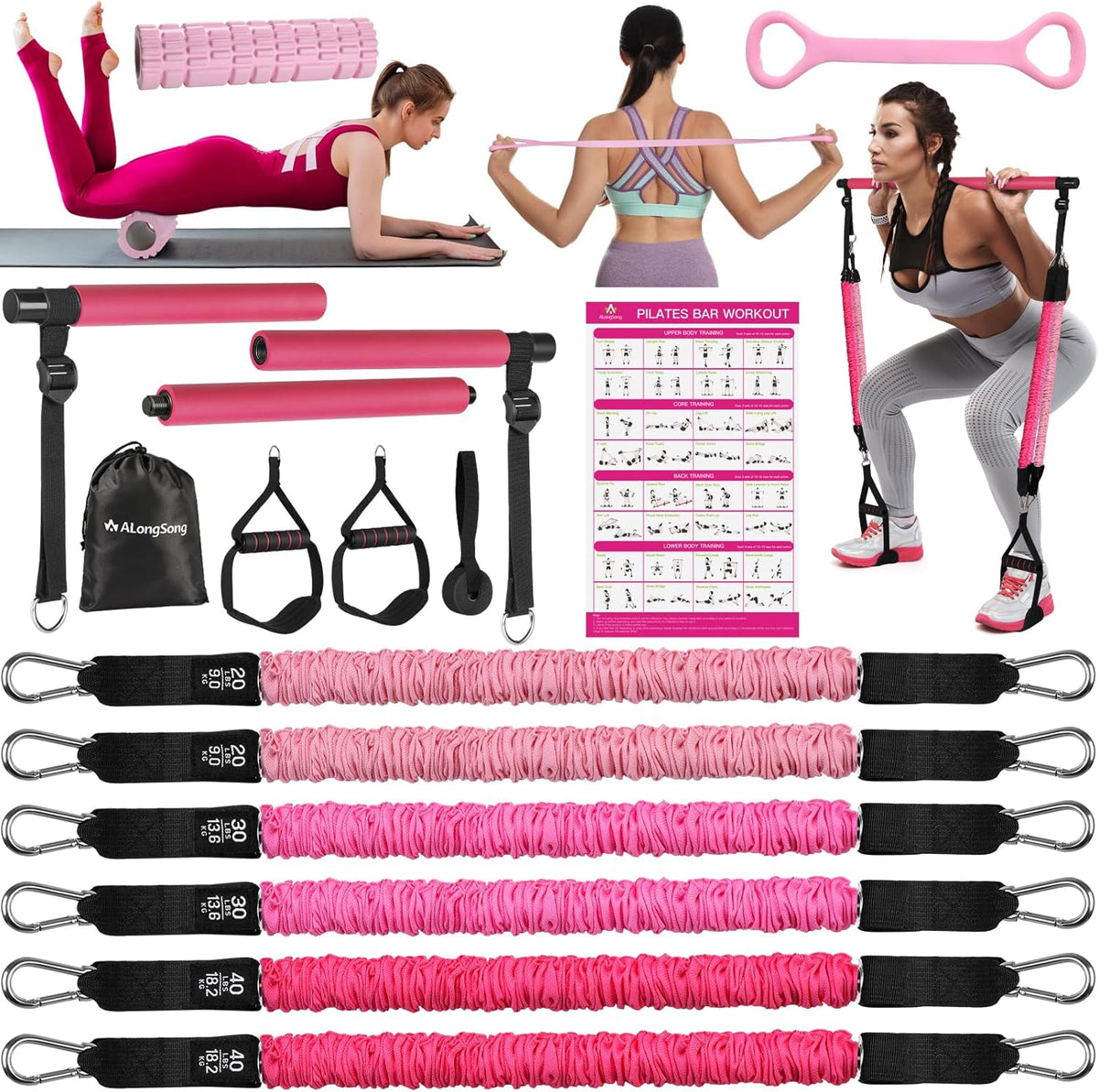 Upgraded Pilates Bar Kit with Resistance Bands Natural Latex for Women & Men, Heavy-Duty Stainless Steel Multifunctional Yoga Pilates Stick for Home Gym Exercise Fitness Equipment Full-Body Workouts