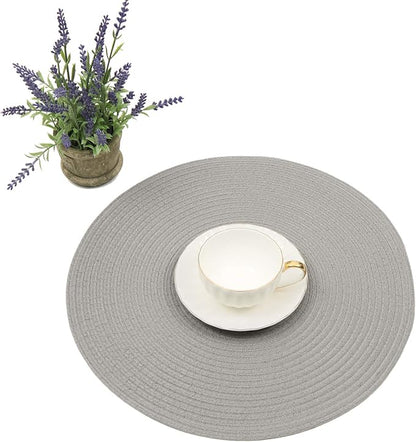 SHACOS Round Braided Placemats Set of 8 Washable Fabric Heat Resistant 15 inch Grey Round Table Mats for Dining Tables (Gray, 8)