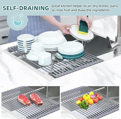 Ohuhu Dish Drying Rack Over The Sink, Roll Up Sink Rack 20.5" W x 13.1" L Rolling Dish Drainer Foldable Accessories Heat-Resistant Mat Anti-Slip Silicone Coated for Kitchen Counter