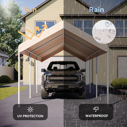 Aoxun 10x20 ft Heavy Duty Carport with Tarp & Wind Resistance Portable Carport Car Tent Outdoor Car Port with Tear Resistant Canopy, No Sidewall - Khaki