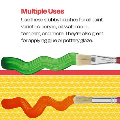 School Smart Stubby Ox Hair Paint Brushes for School and Arts and Crafts Use, Assorted Colors and Sizes, Bulk Set of 36