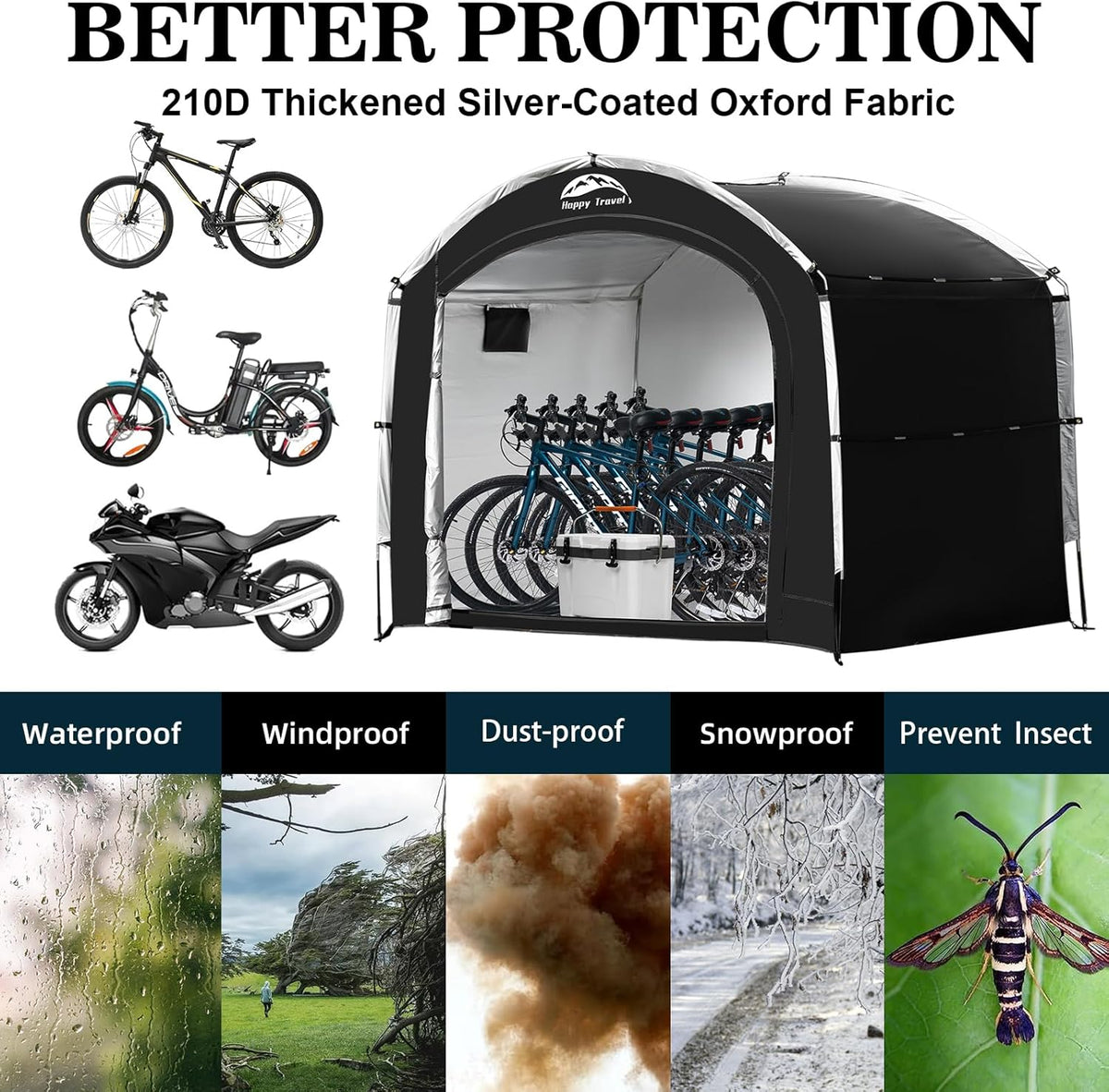 Happy Travel Bike Storage Tent Shed, Outdoor Waterproof Bicycle Covers Shelter with Window for 2/4/6/8 Bikes,Oversized Outside Portable Sheds for Lawn Mower,Garden Tools (Black)