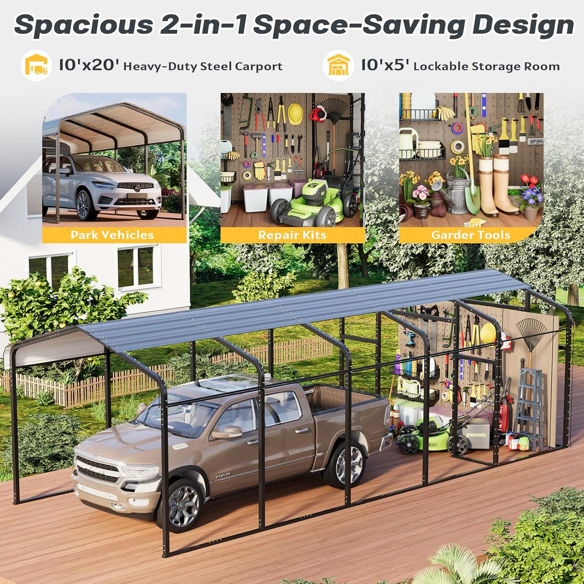 EROMMY 10x25 FT Carport Storage Shed 2-in-1, Heavy Duty Car Port with Galvanized Metal Frame, Base-Reinforced Enclosed Storage Shelter, Extended Coverage for Trucks, Cars & All Vehicles, Gray