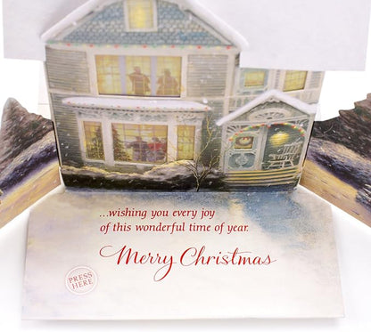 Hallmark 0899XSO1002 Christmas Pop Up Card with Light and Song (Displayable Dimensional Thomas Kinkade House Plays We Wish You a Merry Christmas), Snowy House